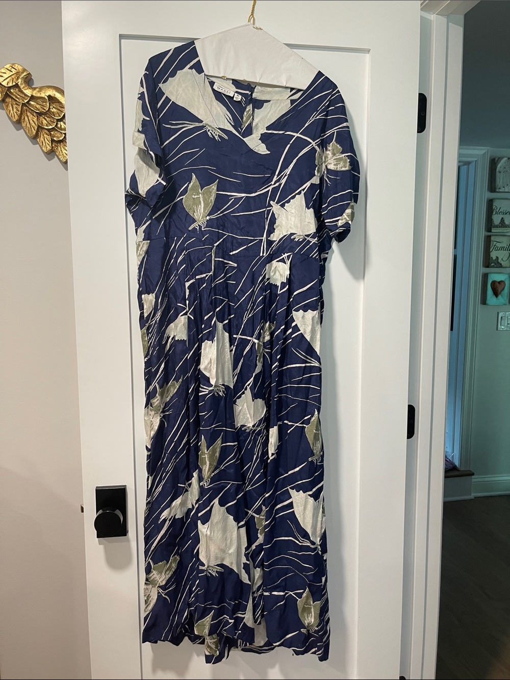 Navy Floral Print V-Neck Jumpsuit with Cream & Olive Accents and pockets